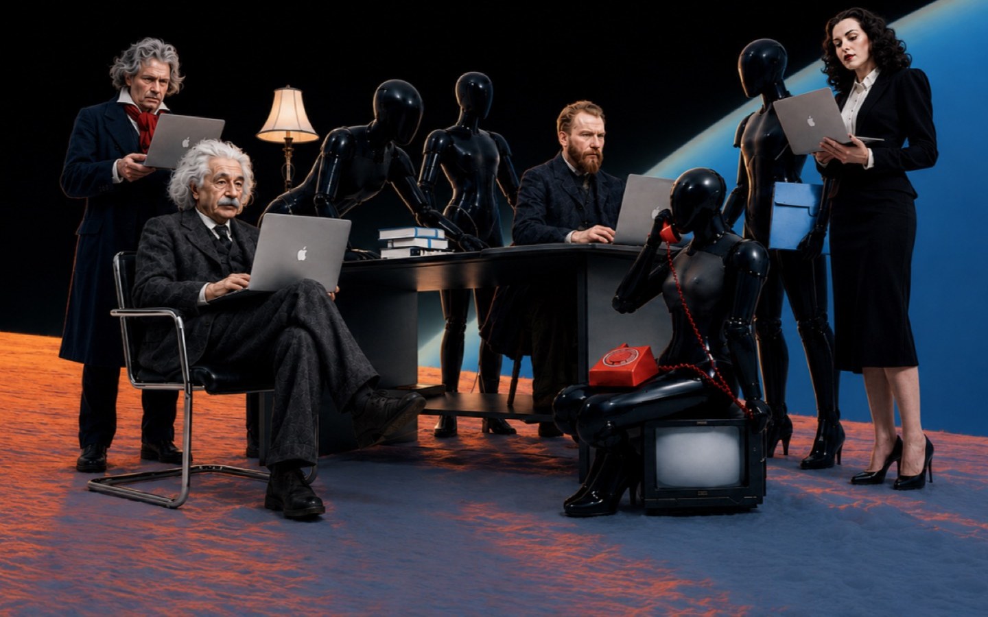 The Tutti team and a set of Agents working together at a desk on a planet surface