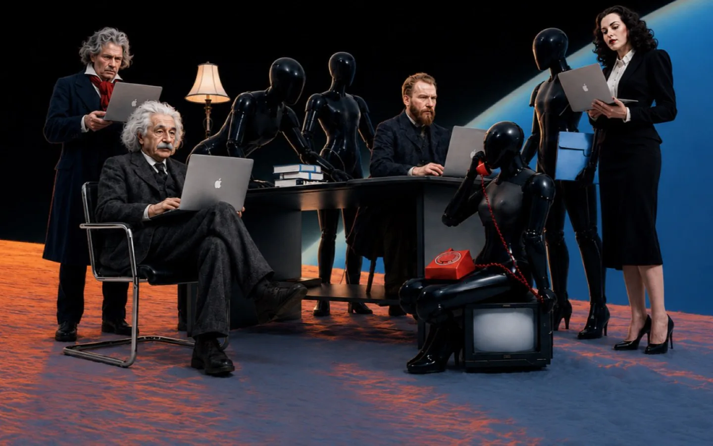 The Tutti team and a set of Agents working together at a desk on a planet surface