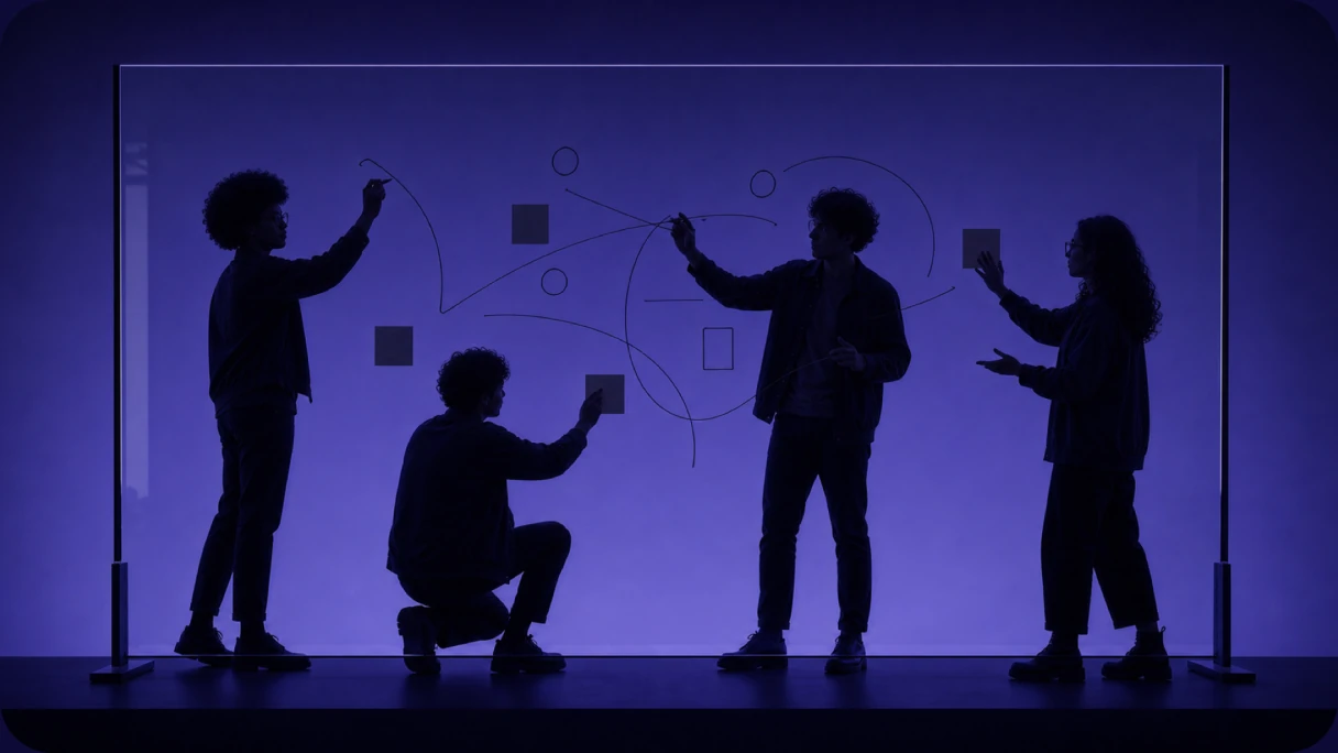 Four people in silhouette mapping ideas on a glass board under purple light