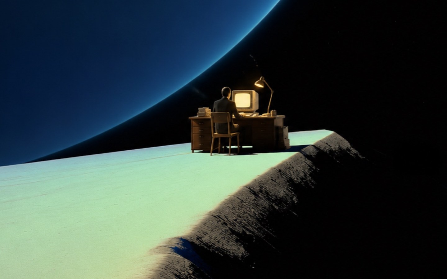 A person at a desk on a ridge beneath a vast planet, looking out over a glowing horizon