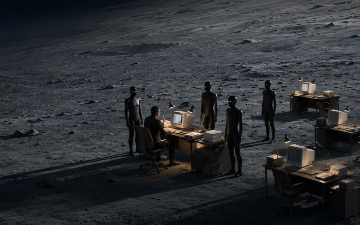 A person at a desk on the moon, surrounded by Agent figures and other workstations