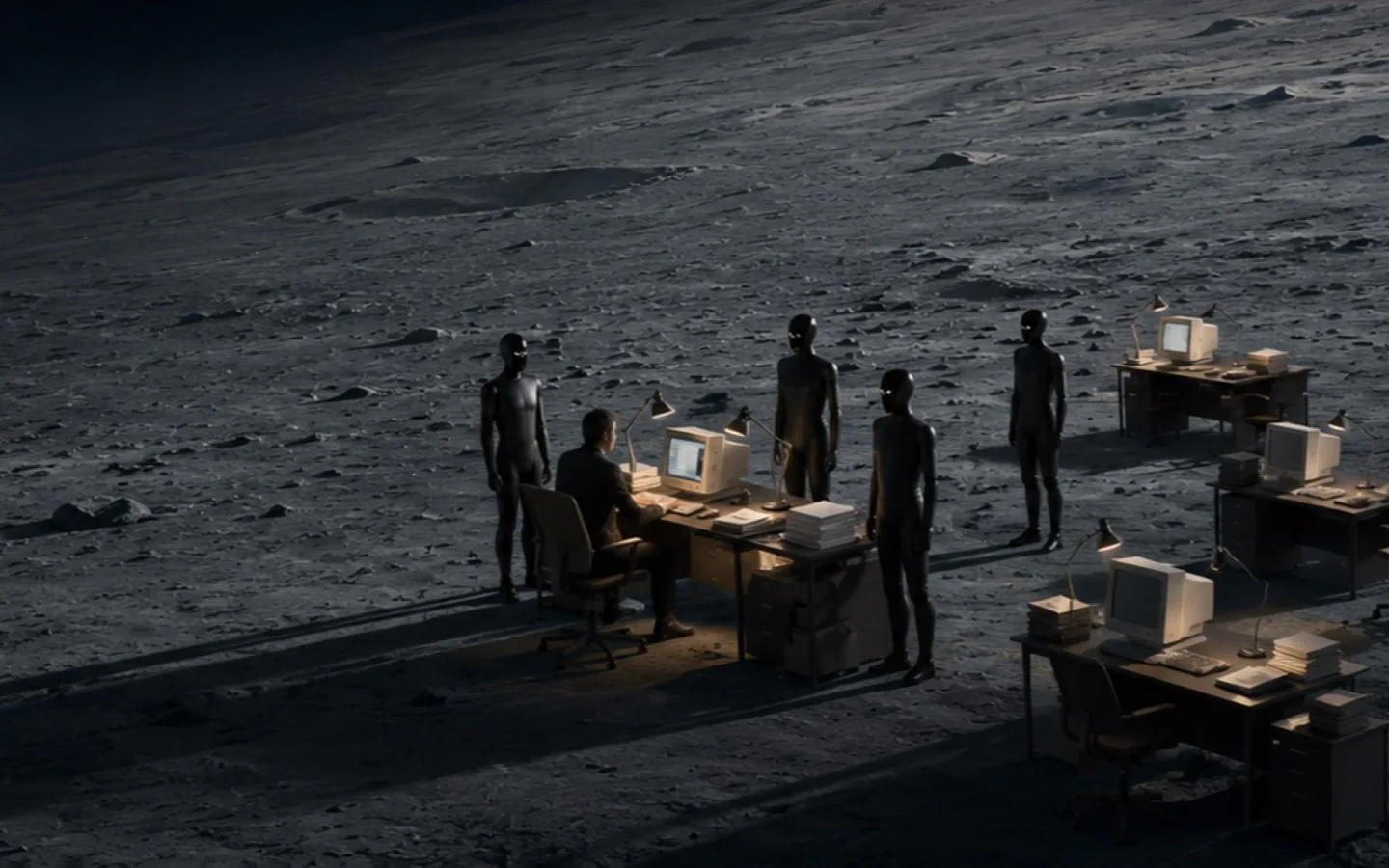 A person at a desk on the moon, surrounded by Agent figures and other workstations