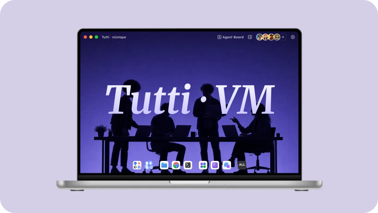 A laptop showing the Tutti · VM workspace, with a team collaborating in silhouette behind the wordmark