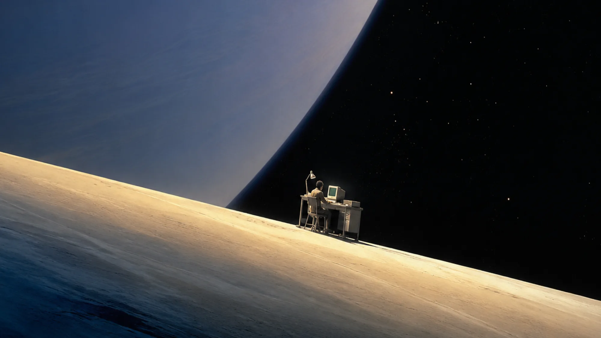 A person working alone at a vintage computer on a sunlit slope beneath a vast planet