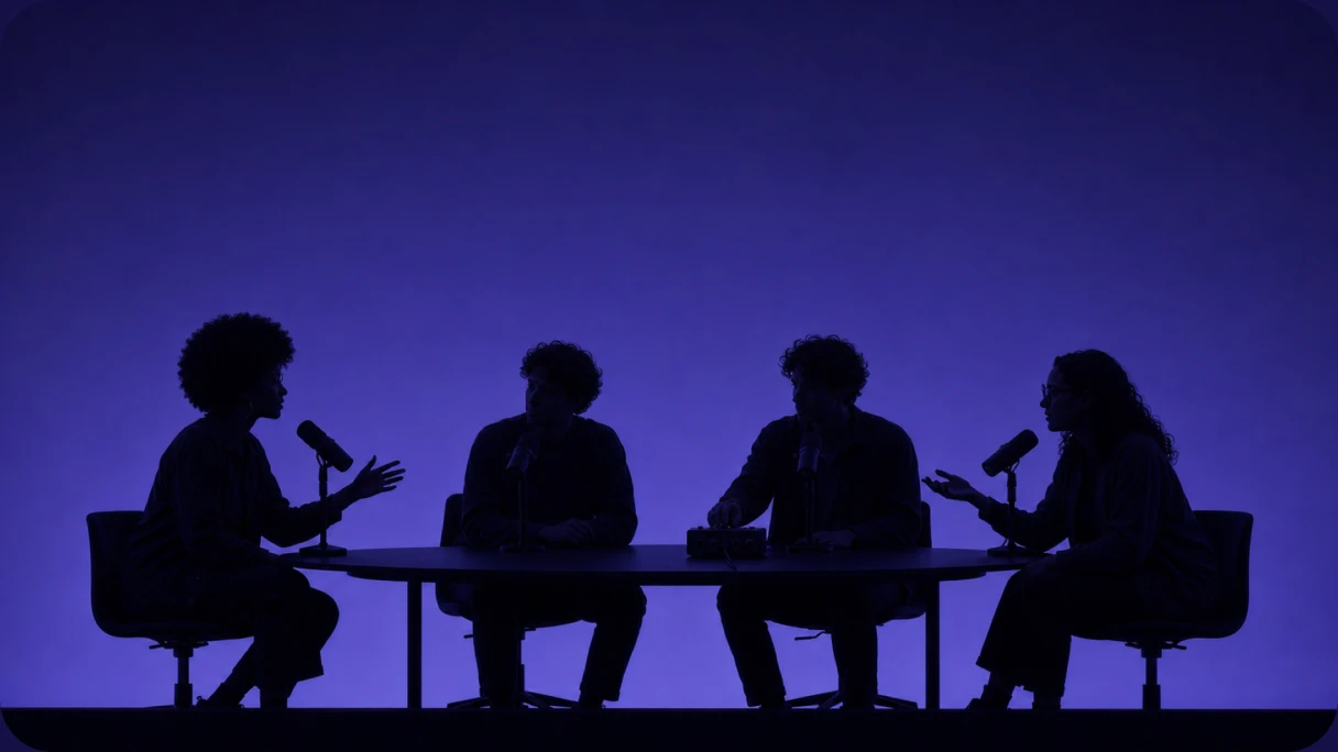 A four-piece band in silhouette, upright bass, drums, guitar, and keyboard, against a purple stage light