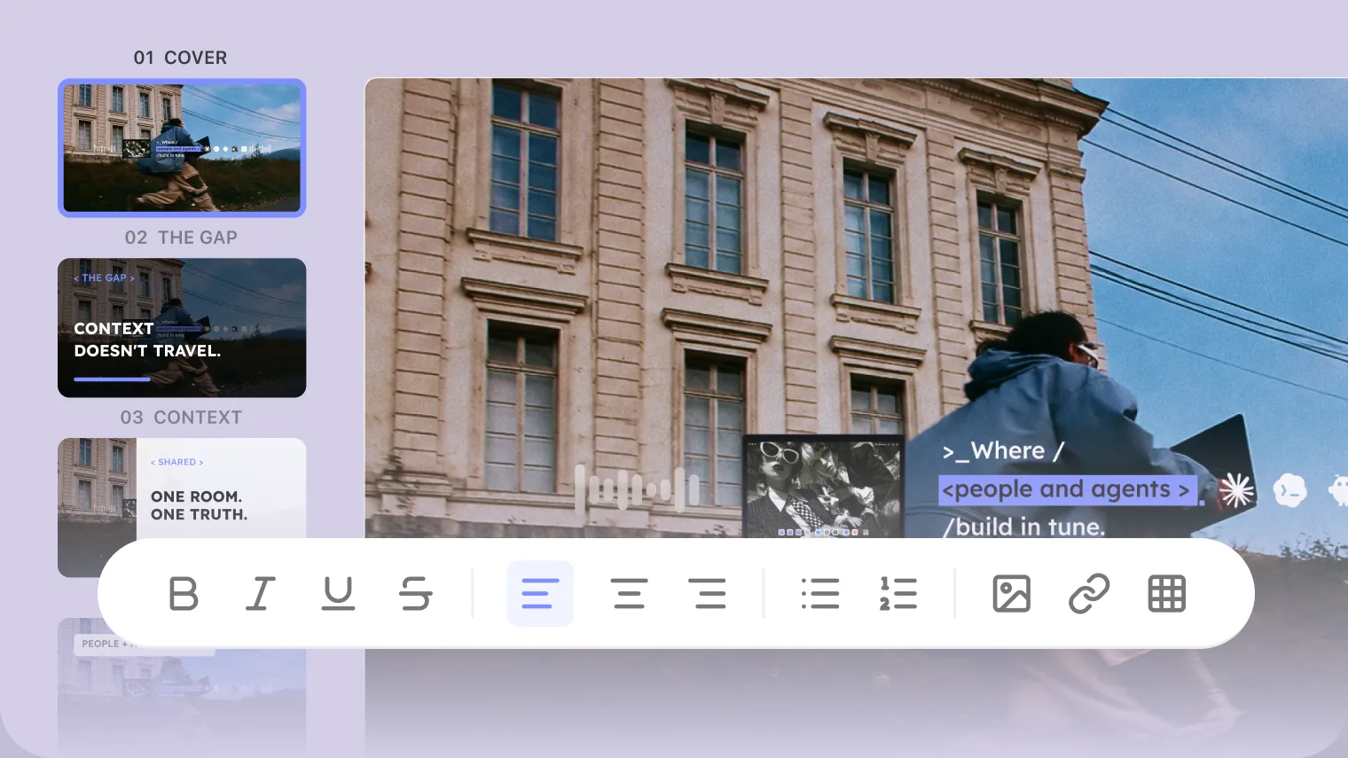 An Agent generating presentation slides inside a shared workspace beneath a vast planet