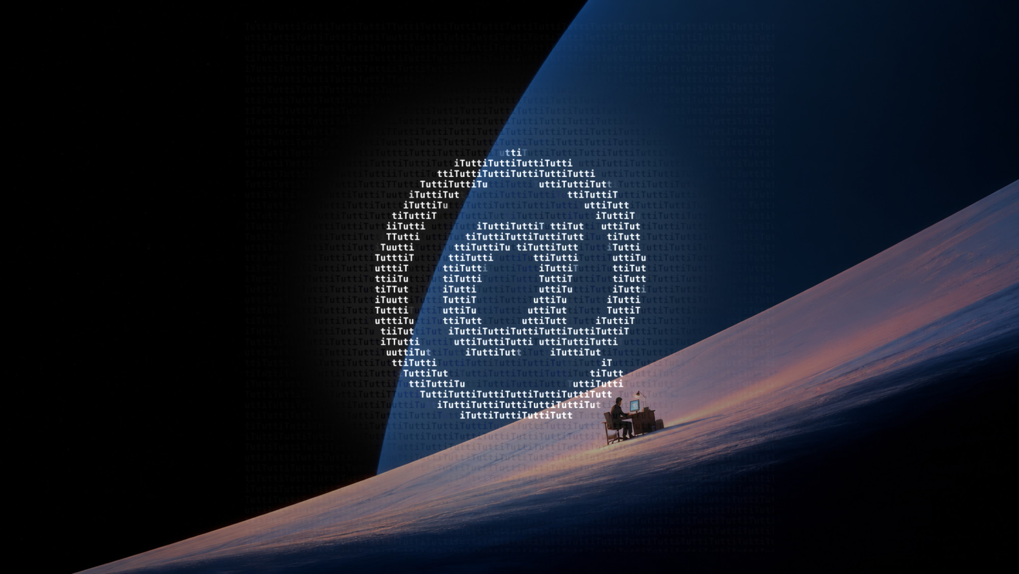 The word Tutti rendered in ASCII characters on a slope beneath a vast planet