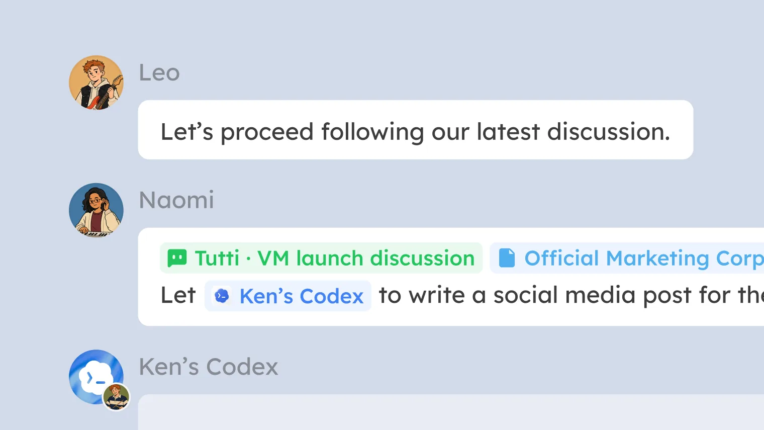 A group conversation flowing into Agent tasks inside a shared workspace beneath a vast planet