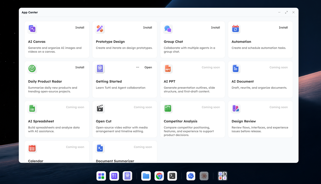 The Tutti App Center showing apps available to install