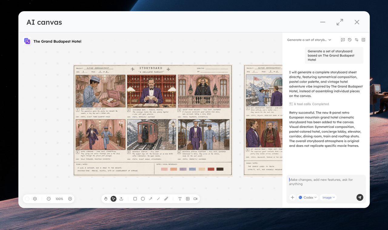 AI Canvas generating a storyboard set on its canvas