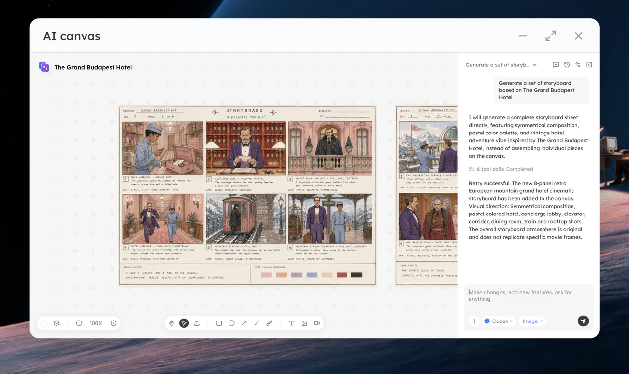 AI Canvas generating a storyboard set on its canvas
