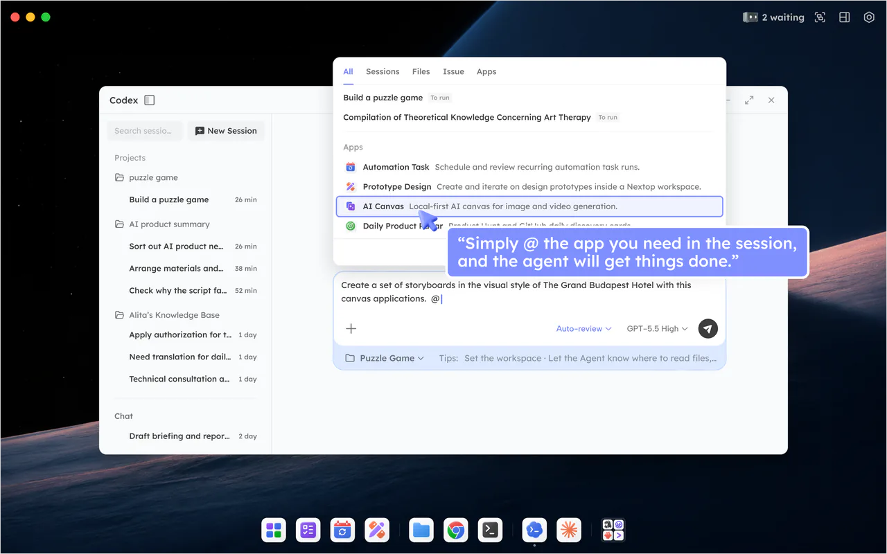 @-mentioning the AI Canvas app inside a Codex session