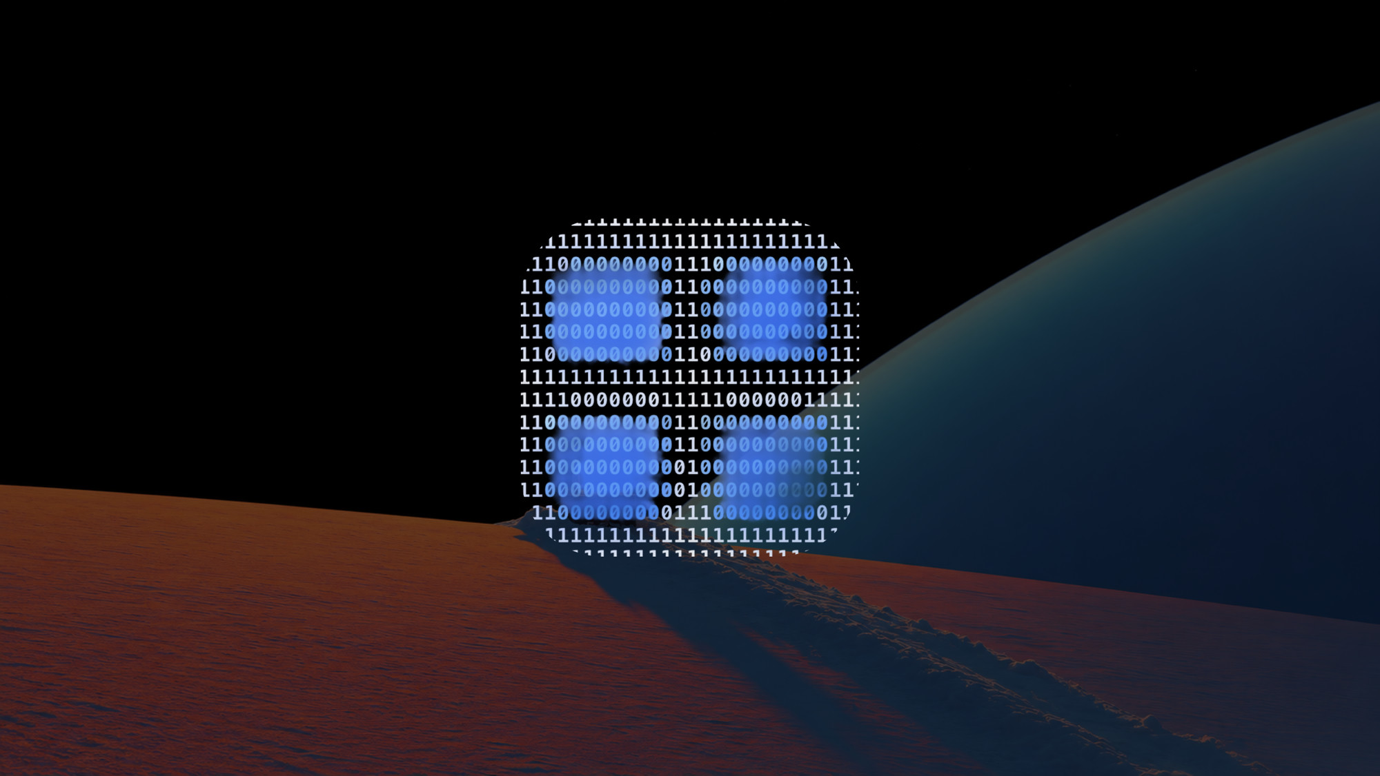 A glowing @ symbol rendered in binary digits rising over a desert ridge