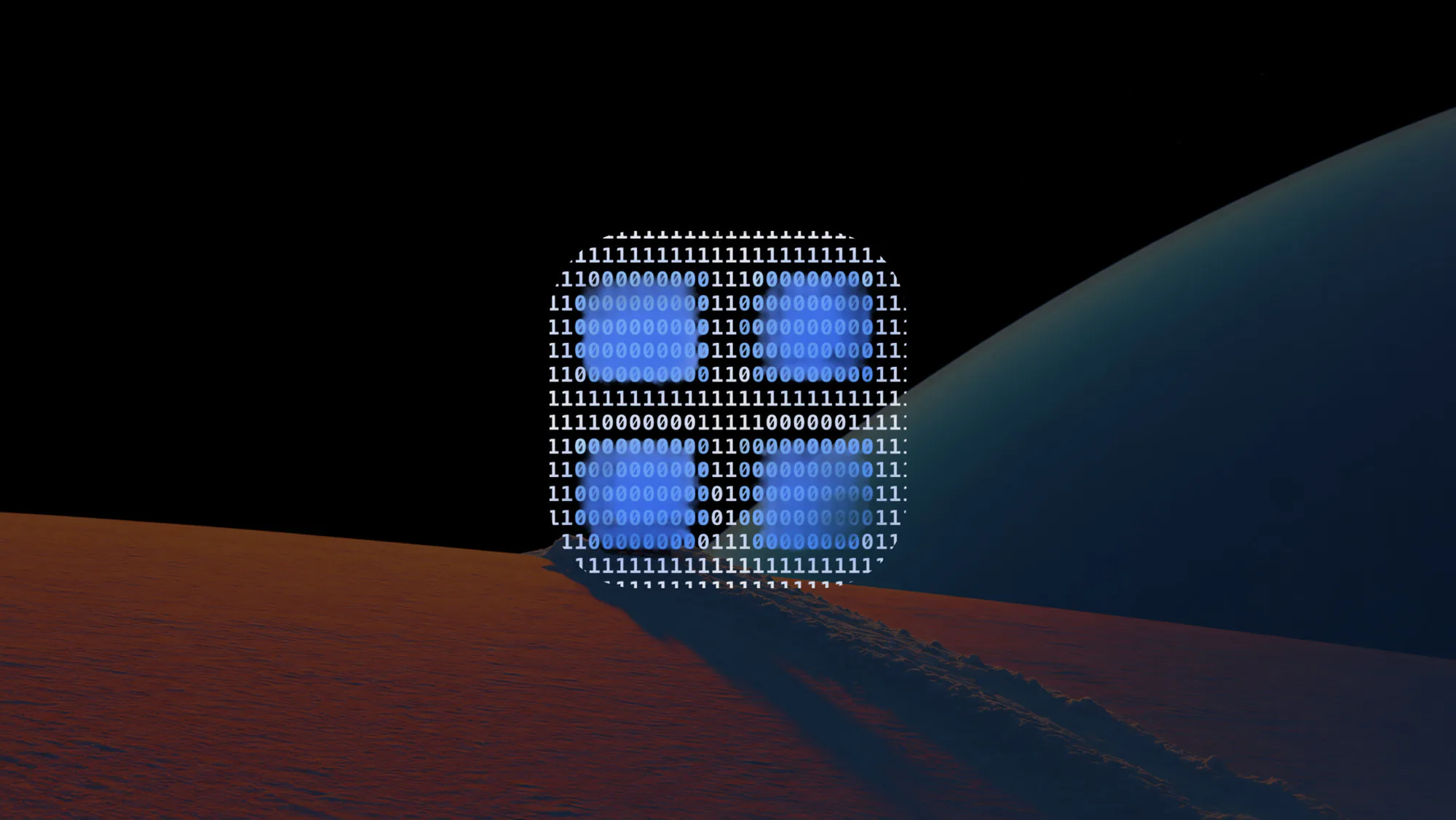 A glowing @ symbol rendered in binary digits rising over a desert ridge